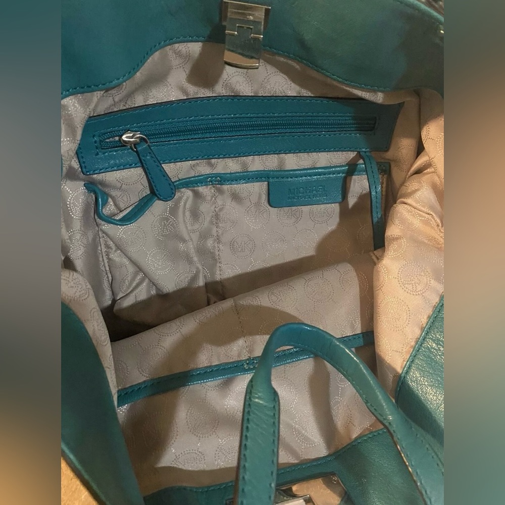 Michael Kors Channing Aqua Green Soft Leather Silver Chain MK Logo Hardware Tote - Picture 5 of 14